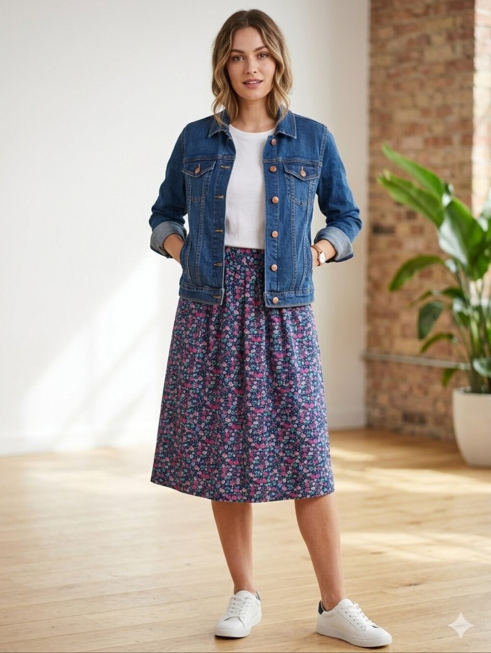 Vintage Floral Midi Skirt in Navy with Pink & Teal Flowers